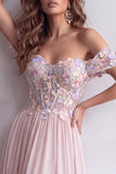 Espartilho Corset A-Line Cor-de-rosa claro, vestido formal comprido para ombros com aplicações florais 3D
