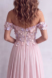 Espartilho Corset A-Line Cor-de-rosa claro, vestido formal comprido para ombros com aplicações florais 3D
