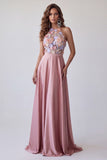 Vestido Formal Longo 3D Rosa A-Line de Gola Alta e 3D Floral