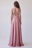 Vestido Formal Longo 3D Rosa A-Line de Gola Alta e 3D Floral