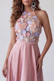 Vestido Formal Longo 3D Rosa A-Line de Gola Alta e 3D Floral