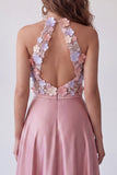 Vestido Formal Longo 3D Rosa A-Line de Gola Alta e 3D Floral