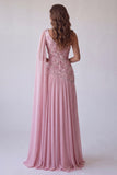 Vestido formal cor-de-rosa, missangas e franzidas, um ombro, com capa lateral