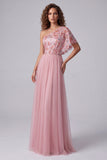Vestido formal longo em linha A com bordado cor-de-rosa