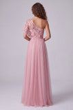 Vestido formal longo em linha A com bordado cor-de-rosa