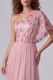 Vestido formal longo em linha A com bordado cor-de-rosa