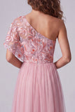 Vestido formal longo em linha A com bordado cor-de-rosa