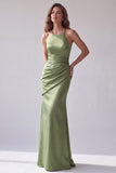 Sereia Verde Franzida Halter Tiras Cruzadas Vestido Formal Longo