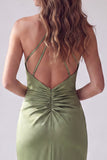 Sereia Verde Franzida Halter Tiras Cruzadas Vestido Formal Longo