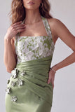 Vestido Formal Formal Verde Merimaid Floral Floral Halter Franzido