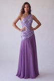 Vestido formal longo com bordado floral roxo, linha A, um ombro comprido