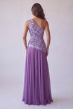 Vestido formal longo com bordado floral roxo, linha A, um ombro comprido