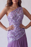 Vestido formal longo com bordado floral roxo, linha A, um ombro comprido