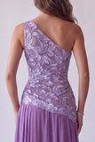 Vestido formal longo com bordado floral roxo, linha A, um ombro comprido