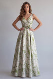 Vestido Formal Jacquard A-Line Floral Verde Claro com Franzidas e Flor 3D