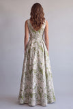Vestido Formal Jacquard A-Line Floral Verde Claro com Franzidas e Flor 3D