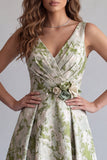 Vestido Formal Jacquard A-Line Floral Verde Claro com Franzidas e Flor 3D