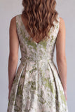 Vestido Formal Jacquard A-Line Floral Verde Claro com Franzidas e Flor 3D