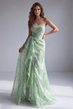 Vestido formal verde sem alças floral floral com folhos
