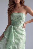 Vestido formal verde sem alças floral floral com folhos
