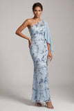Sereia azul celeste com lantejoulas de um ombro Vestido longo floral de mãe da noiva