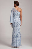 Sereia azul celeste com lantejoulas de um ombro Vestido longo floral de mãe da noiva