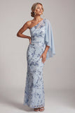 Sereia azul celeste com lantejoulas de um ombro Vestido longo floral de mãe da noiva