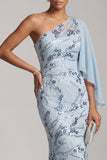 Sereia azul celeste com lantejoulas de um ombro Vestido longo floral de mãe da noiva