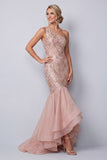 Vestido longo de mãe da noiva com lantejoulas cor-de-rosa de um ombro e folhos