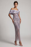 Vestido Longo de Mãe da Noiva Bodycon Lisás, Um Ombro Longo Com Missangas e Fenda
