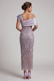 Vestido Longo de Mãe da Noiva Bodycon Lisás, Um Ombro Longo Com Missangas e Fenda