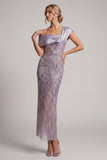 Vestido Longo de Mãe da Noiva Bodycon Lisás, Um Ombro Longo Com Missangas e Fenda