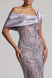 Vestido Longo de Mãe da Noiva Bodycon Lisás, Um Ombro Longo Com Missangas e Fenda
