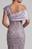 Vestido Longo de Mãe da Noiva Bodycon Lisás, Um Ombro Longo Com Missangas e Fenda