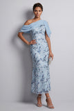 Azul-celeste, vestido de mãe da noiva com lantejoulas bodycon bodycon um ombro