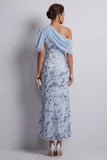 Azul-celeste, vestido de mãe da noiva com lantejoulas bodycon bodycon um ombro