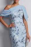 Azul-celeste, vestido de mãe da noiva com lantejoulas bodycon bodycon um ombro