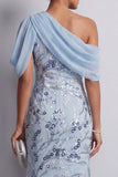 Azul-celeste, vestido de mãe da noiva com lantejoulas bodycon bodycon um ombro