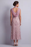 Vestido vintage de decote alvo ondulado com decote alvo e lantejoulas florais longas de mãe da noiva