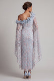 Vestido de Mãe da Noiva, Bodycon Azul Floral Azul Poeirento, Um Ombro Com Missangas e Folhos Longos