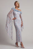 Vestido de Mãe da Noiva, Bodycon Azul Floral Azul Poeirento, Um Ombro Com Missangas e Folhos Longos