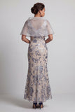 Sereia Prateada Vestido Floral de Decote em V Longo Vestido Mãe da Noiva com Capa