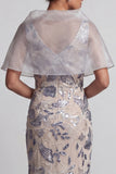 Sereia Prateada Vestido Floral de Decote em V Longo Vestido Mãe da Noiva com Capa