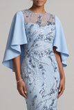 Bodycon Sky Blue Sky Bow Look Floral Mother of the Bride Dress com mangas cape