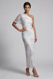 Vestido de Mãe da Noiva com Lantejoulas Florais Brancas Bodycon Um Ombro Comprido