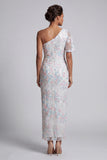 Vestido de Mãe da Noiva com Lantejoulas Florais Brancas Bodycon Um Ombro Comprido