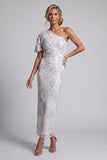 Vestido de Mãe da Noiva com Lantejoulas Florais Brancas Bodycon Um Ombro Comprido