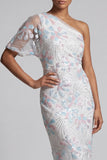 Vestido de Mãe da Noiva com Lantejoulas Florais Brancas Bodycon Um Ombro Comprido