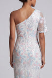 Vestido de Mãe da Noiva com Lantejoulas Florais Brancas Bodycon Um Ombro Comprido