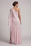 Vestido longo de mãe da noiva com lantejoulas cor-de-rosa de um ombro com folhos e contas